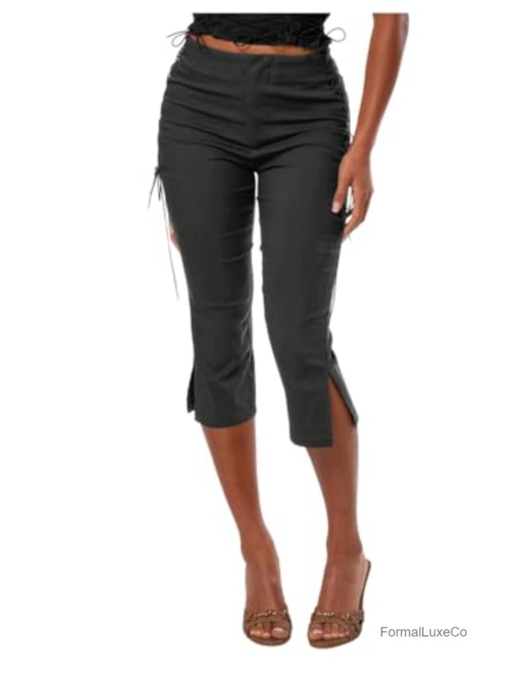 Women's High Waisted Capri Leggings Lace Up Slit Hem Dressy Pants